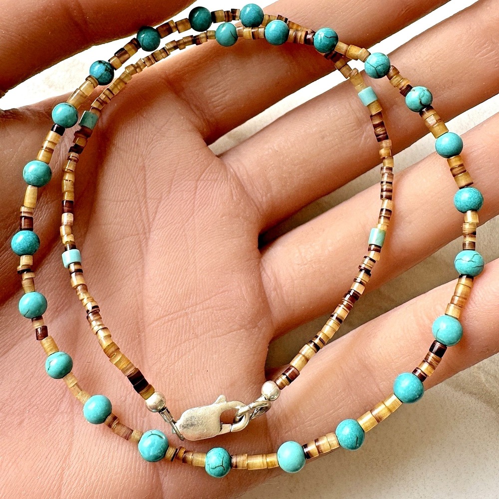 Native Amer Turquoise Bead Necklace 16" Natural Heishi Hand Strung Sterling Hook